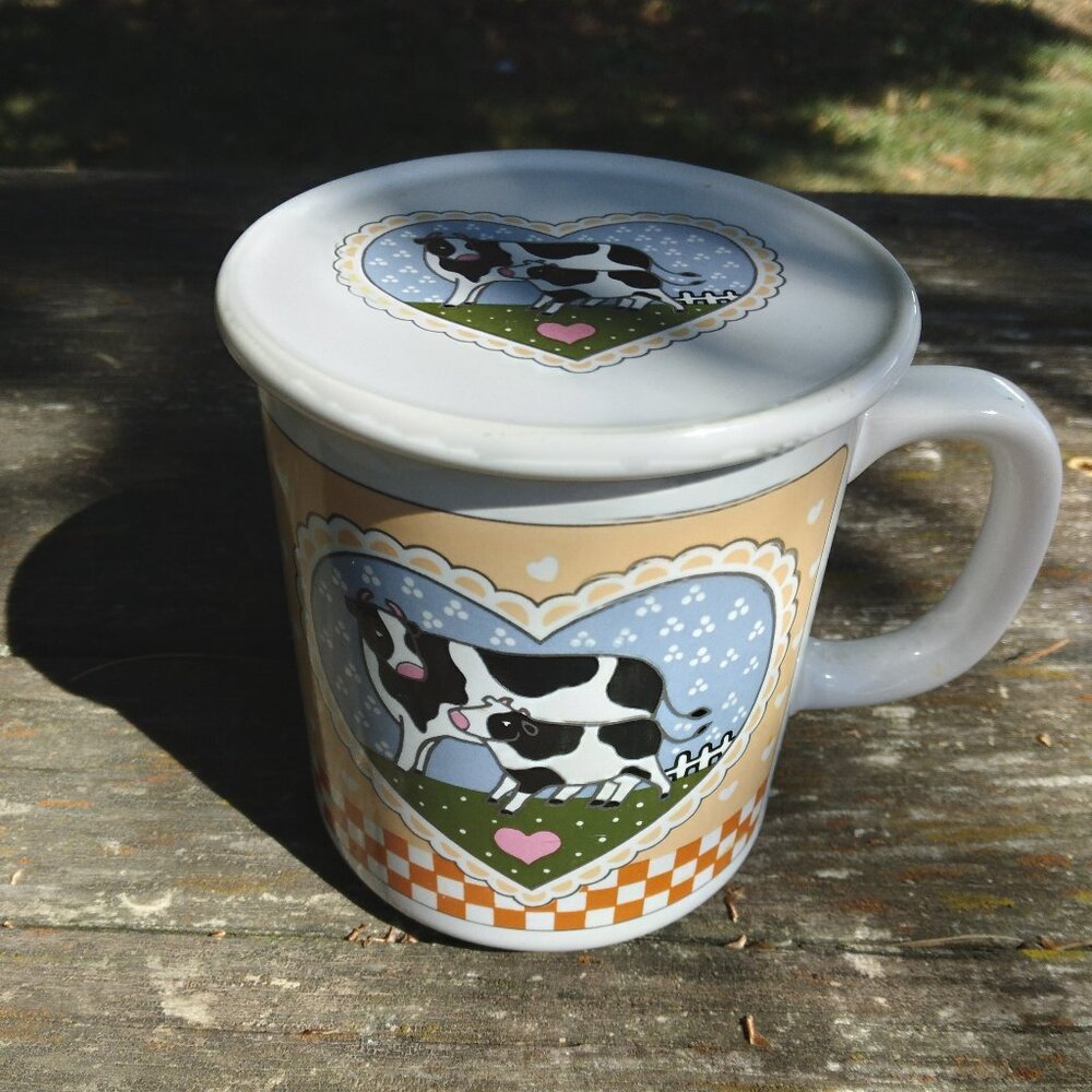 Country Cow Gingham Shabby Chic Covered Mug
